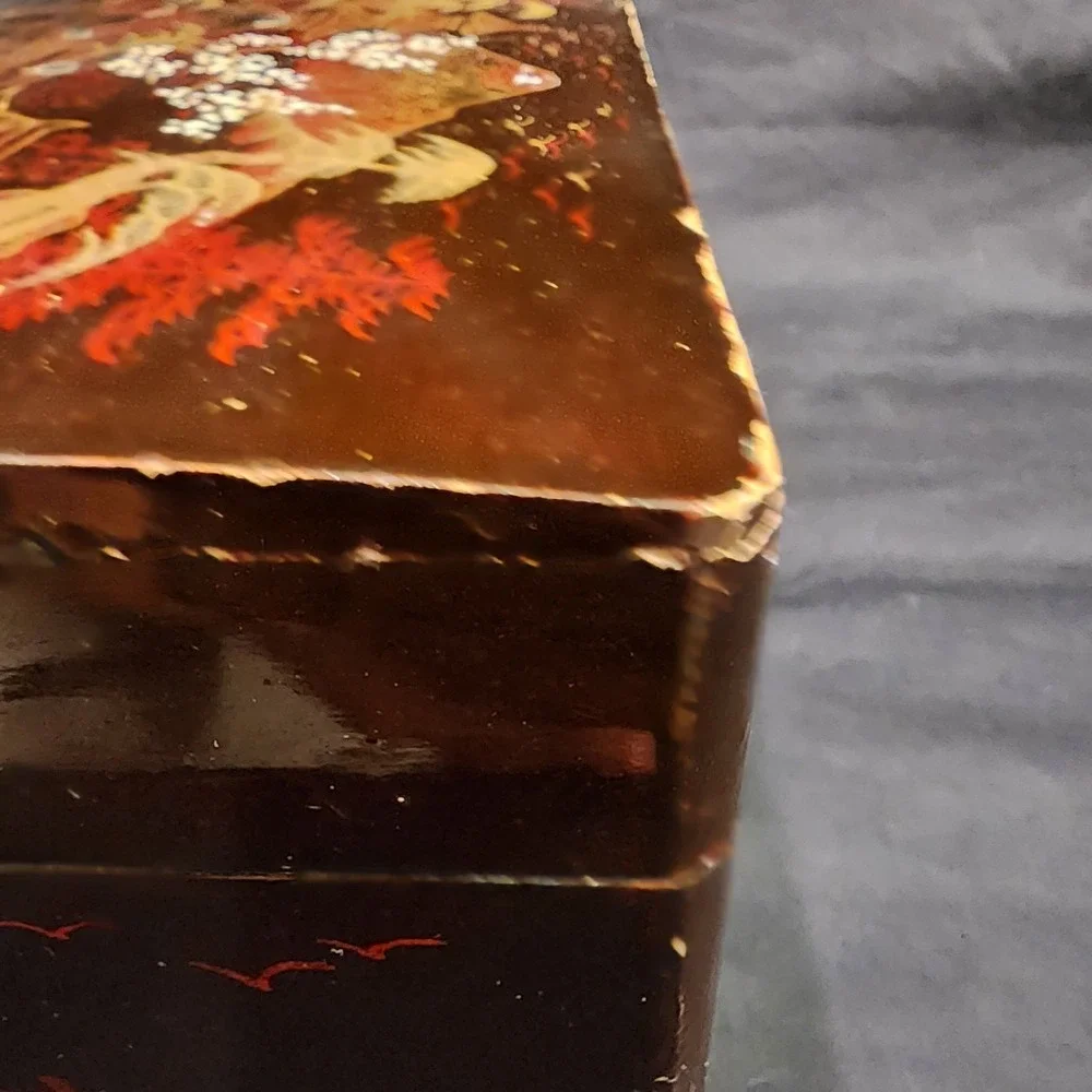 Vintage Japanese Black Lacquered Music Jewelry Box Mother Of Pearl Painted Works